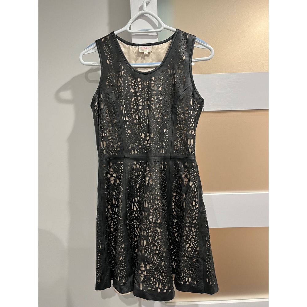Parker Black Laser Cut Leather‎ A-Line Dress Women's Size M